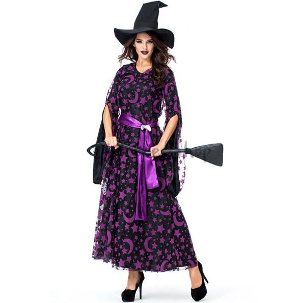Disfraces Uniforme de Bruja de Estrella y Luna Púrpura Mago de Halloween para Mujer