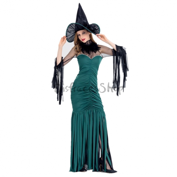 Disfraces Bruja con Borla Vestido Verde de Halloween para Mujer