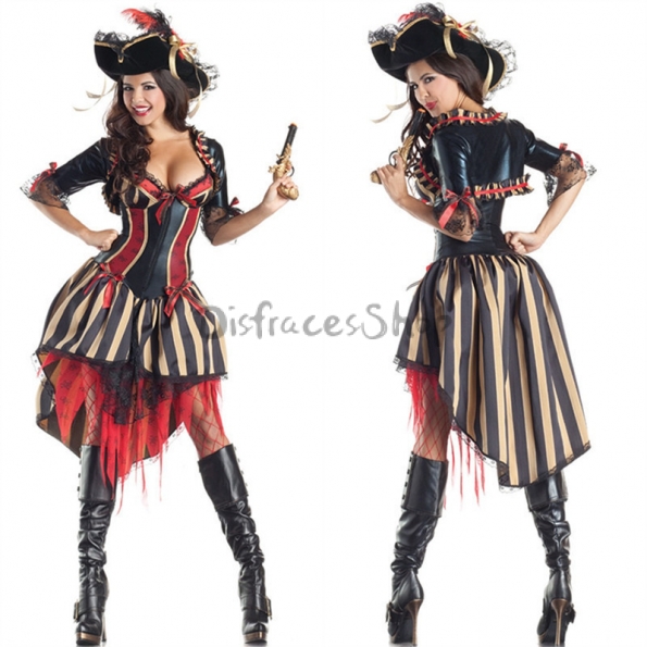Disfraces Pirata Escotado a Rayas Sexy Vestido de Halloween