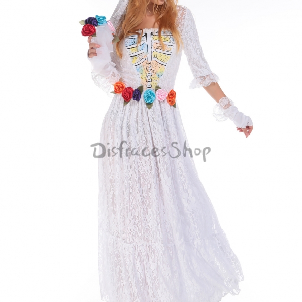 Disfraces Fantasma de Gasa Blanca con Borde de Encaje Vestido de Novia de Halloween