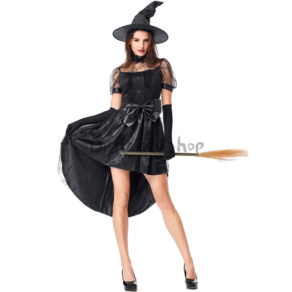 Disfraces Bruja Hueco de Malla de Encaje Vestido Negro de Halloween Sexy