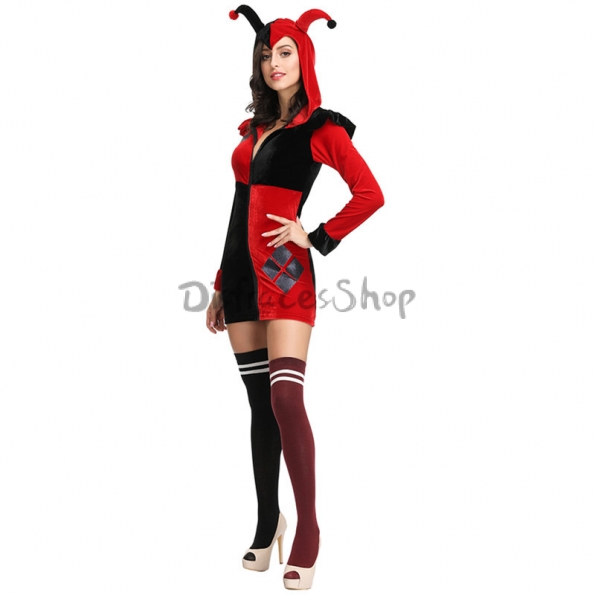 Disfraces  Harley Quinn Payaso Vestido Rojo y Negro de Halloween