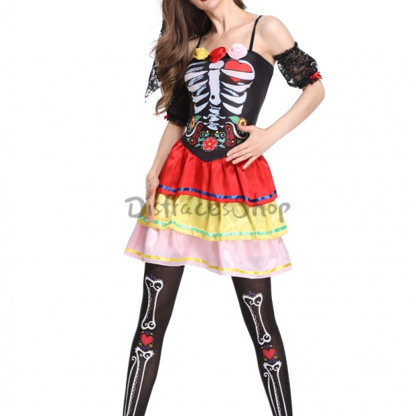 Disfraces Traje de Estante de Huesos de Calavera de Halloween de Miedo