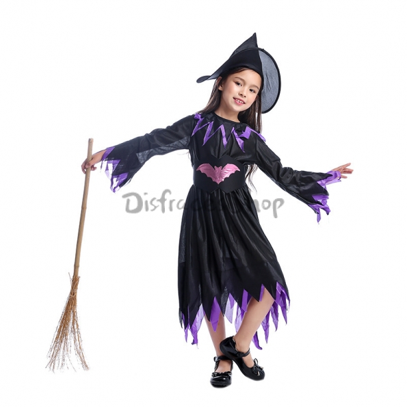 Disfraz Bruja Halloween Niña Vestido con Murciélago Morado
