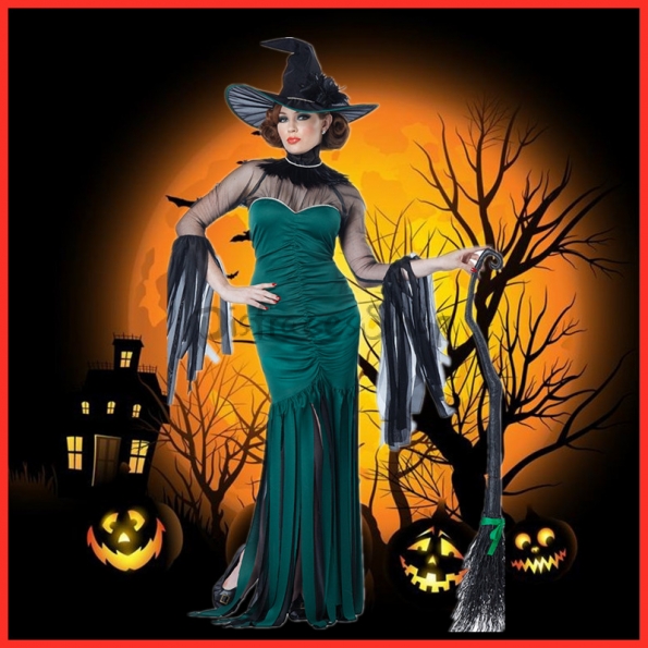 Disfraces Bruja con Borla Vestido Verde de Halloween para Mujer
