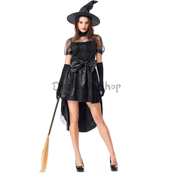 Disfraces Bruja Hueco de Malla de Encaje Vestido Negro de Halloween Sexy