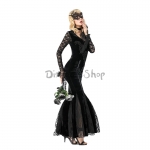 Disfraz Vampiro Vestido Largo de Esmoquin de Encaje Negro de Halloween