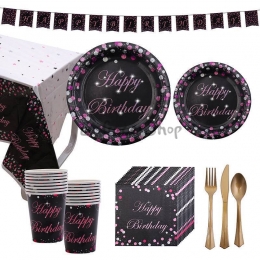 Juego de 9 Piezas de Vajilla Rosa Cumpleaños Decoración