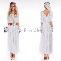 Disfraces Fantasma de Gasa Blanca con Borde de Encaje Vestido de Novia de Halloween