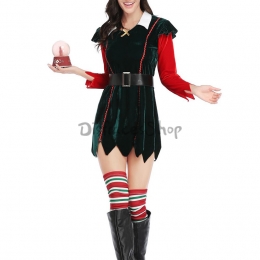 Disfraces Navideño Duende Vestido de Manga Larga de Halloween para Mujer